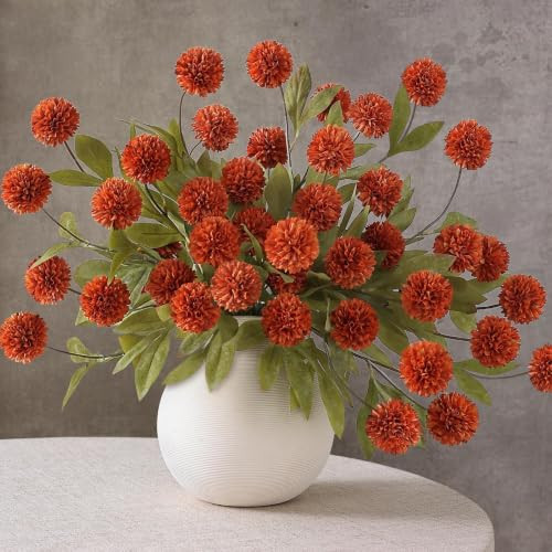 12Pcs 27"Artificial Fall Pompon Mum Stem Silk Flower for Vase Decor(Orange) | Amazon (US)