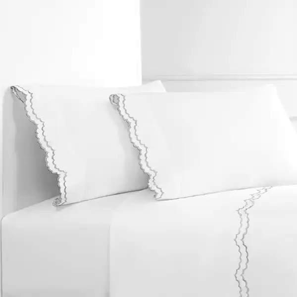 Percale Cotton Double Scalloped Embroidered Crisp Sheet Set | Bed Bath & Beyond