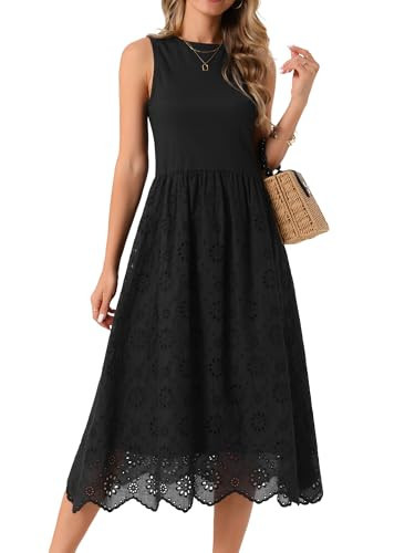 Seta T Women's Summer Eyelet Dress Sleeveless A Line Midi Dress Crewneck Holiday Casual Tank Dresses Large Black | Amazon (US)