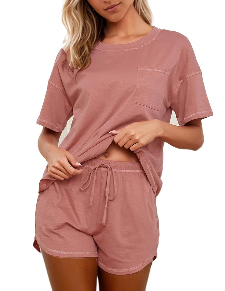 KCW Pajamas for Women Set 2 Piece Cotton Lounge Sets Short Sleeve Top and Shorts Pj Set Sleepwear... | Amazon (US)
