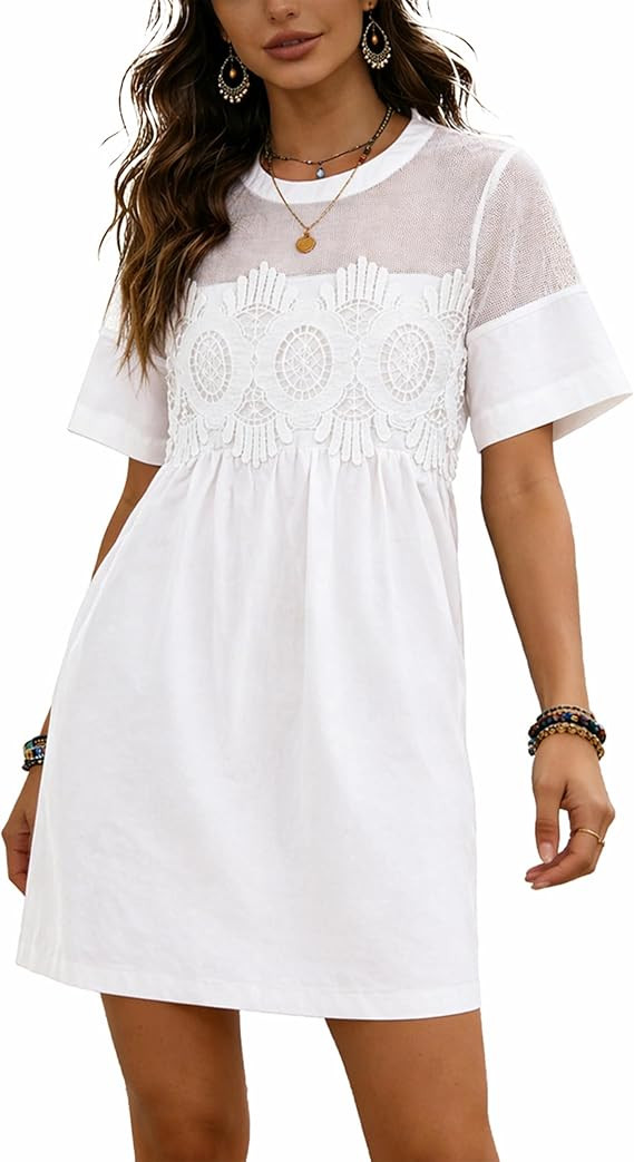Womens Babydoll Mini Dress Short Sleeve Crewneck Lace Patchwork Mesh Summer Swing Dress with Pock... | Amazon (US)