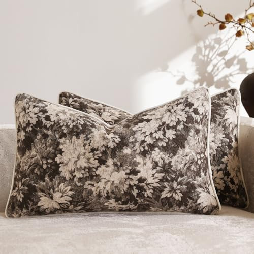 DEZENE Pack of 2 Vintage Floral Pillow Covers 12x20 Boho Farmhouse Accents Chenille Rectangular Lumbar Decorative Throw Pillow Cases for Living Room Couch Bed Home Decor, Grey | Amazon (US)