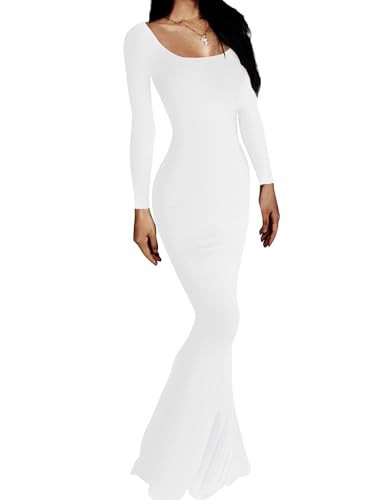 Women's Sexy Maxi Bodycon Dress Long Sleeve Square Neck Tight Lounge Slip Long Dress 2024, White, Large | Amazon (US)