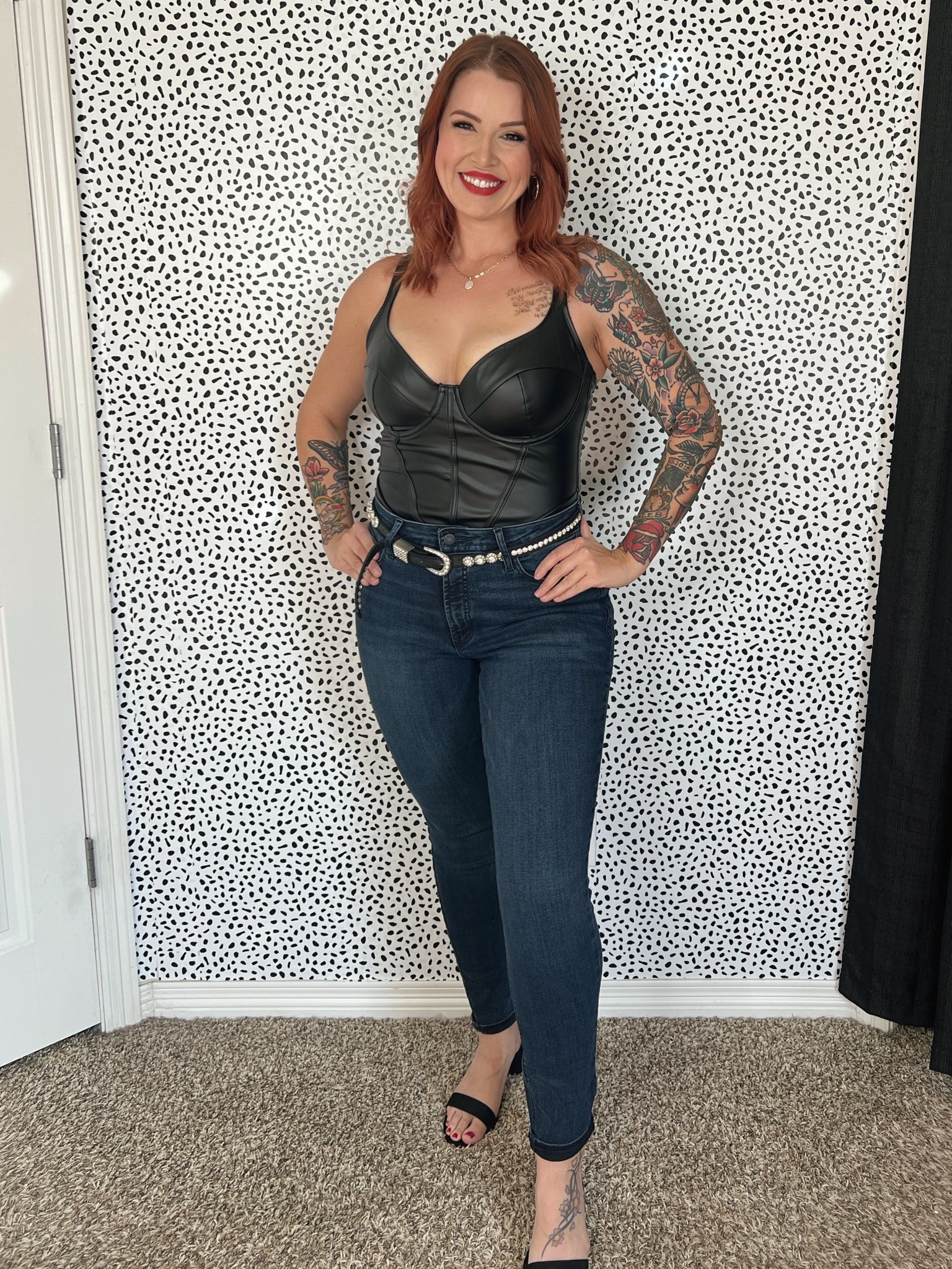 Date night 🥰

Black pleather bodysuit (sized up to a XL). Jeans and black heels! Bringing my long black jacket just in case 🤪

#LTKMidsize #LTKSaleAlert #LTKFindsUnder50
