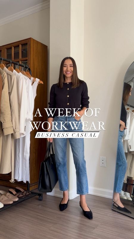 A week of business casual/smart casual workwear 

• Sweater jacket xs  J.crew— such beautiful quality! So warm and comfortable too
• Blue ankle jeans 24 shortest inseam Everlane (I sized down one)
• Tan trousers - 00 regular but petite would have been better Ann Taylor 

Classic style / minimalist style 

#LTKstyletip #LTKworkwear