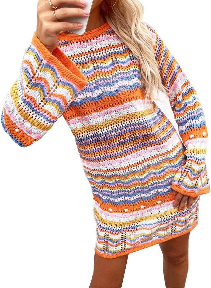 Rainbow Striped Long Sleeve Loose Crochet Striped Hollow Out Mini Casual Sweater Dress Women Sweater | Amazon (US)