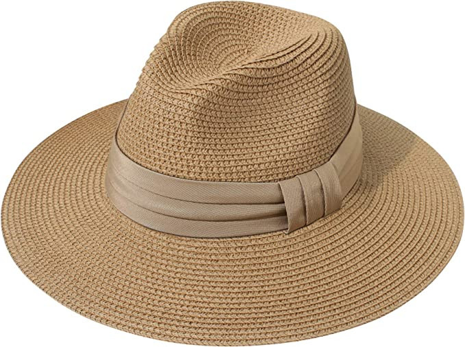 Lanzom Women Wide Brim Straw Panama Roll up Hat Fedora Beach Sun Hat UPF50+ | Amazon (US)