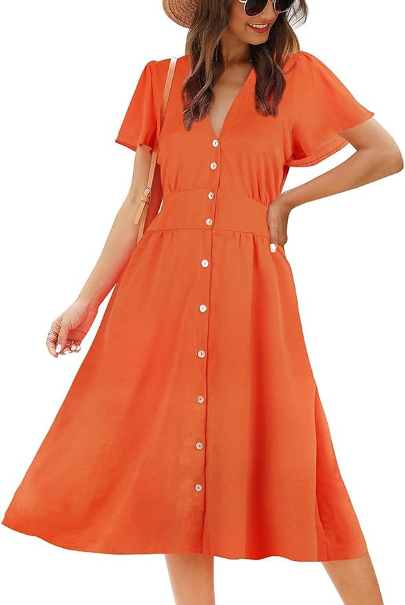 ROYLAMP Women's Floral Button Up Split Dress Deep V Short Bell Sleeve Casual Midi Dress with Pock... | Amazon (US)