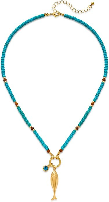 WOWORAMA Fish Necklace for Women Blue Beaded Choker Necklaces Trendy Lucky Fish Pendant Necklace ... | Amazon (US)