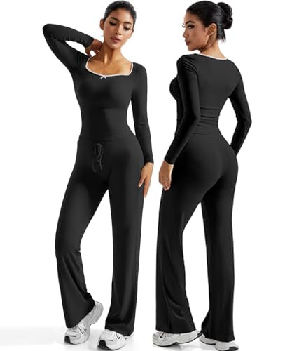 OMKAGI Womens Lounge Set Lace Square Neck Long Sleeve Tops Wide Leg Pants 2 Piece Outfits | Amazon (US)