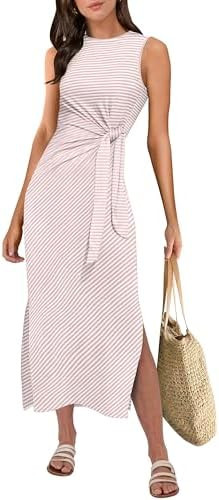 ANRABESS Womens Summer Casual Sleeveless T Shirt Midi Dress Slim Fit Tie Waist Split Tank Long Dr... | Amazon (US)