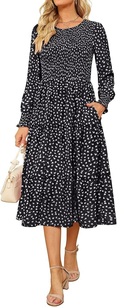 Zattcas Women's 2023 Spring Long Sleeve Smocked Bodice and Cuffs Boho Tiered Floral Midi Dress wi... | Amazon (US)