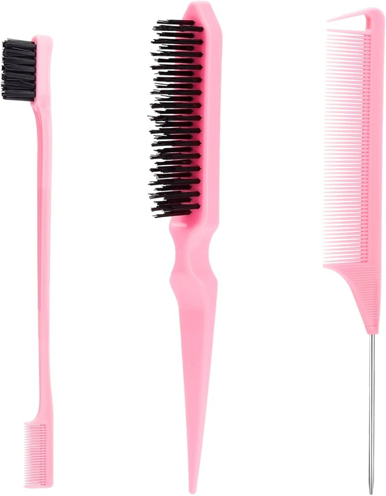 Hair Brush Set, 3 Pcs Slick Back Hair Bristle Brush, Rat Tail Comb, Edge Brush for Smoothing Baby... | Amazon (US)