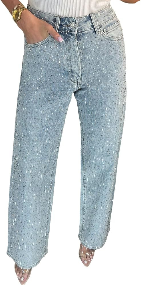 Sexyshine Women's Diamond Rhinestone Jeans High Waist Straight Wide Leg Stretchy Bling Denim Pant... | Amazon (US)