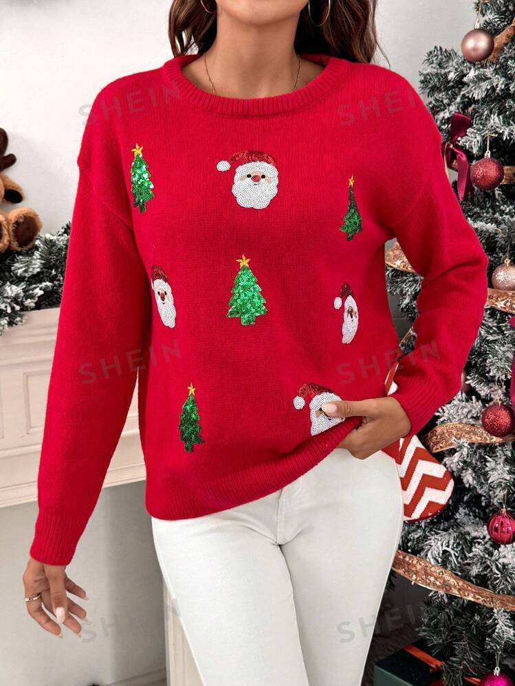 SHEIN LUNE Women Crew Neck Long Sleeve Graphic Detail Casual Pullover Sweater | SHEIN