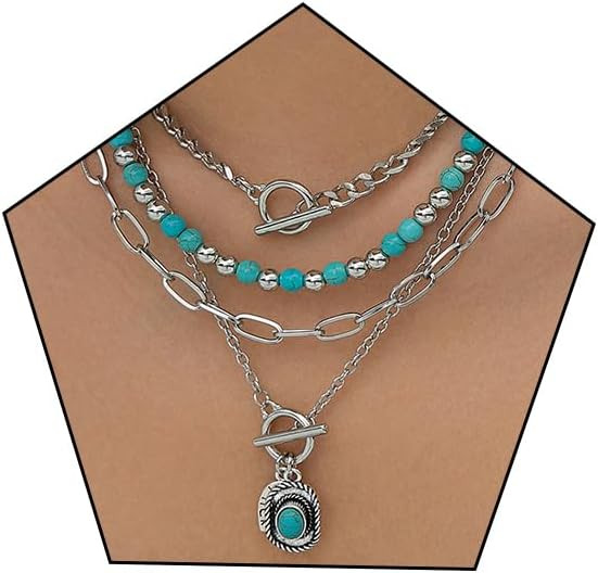 Silver Chunky Layered Necklaces for Women Boho Turquoise Beaded Neckalces Western Country Concert... | Amazon (US)