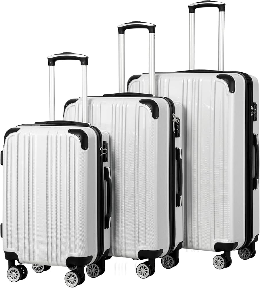 Coolife Luggage Expandable 3 Piece Sets PC+ABS Spinner Suitcase 20 inch 24 inch 28 inch (white grid) | Amazon (US)