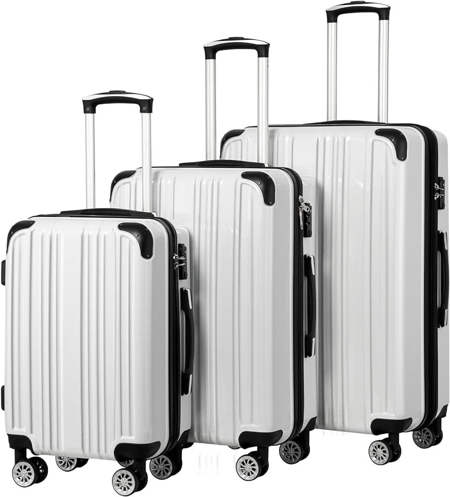 Coolife Luggage Expandable 3 Piece Sets PC+ABS Spinner Suitcase 20 inch 24 inch 28 inch (white grid) | Amazon (US)