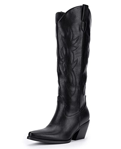 Pasuot Western Cowboy Boots for Women - Knee High Wide Calf Cowgirl Boots with Classic Embroidered, Slip On Pointed Toe Chunky Heel Fashion Retro Classic Pull On Tall Boot for Girls Ladies Fall Winter | Amazon (US)
