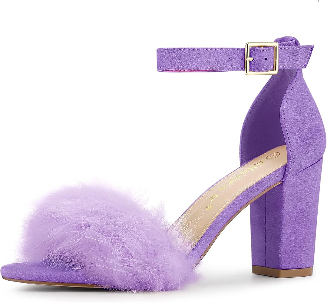 Allegra K Women's Faux Fur Ankle Strap Block Heels Sandals | Amazon (US)