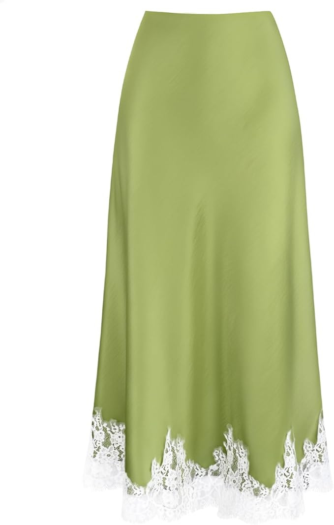 VividMosaic Lace Trim Satin Midi Skirt Patchwork Elastic High Waisted 2026 Elegant Casual Long Sk... | Amazon (US)
