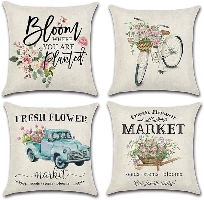 LIYACHAO Spring Decor Fresh Flower Market Bicycle Car Throw Pillow Covers 18x18 Set of 4 Spring T... | Amazon (US)