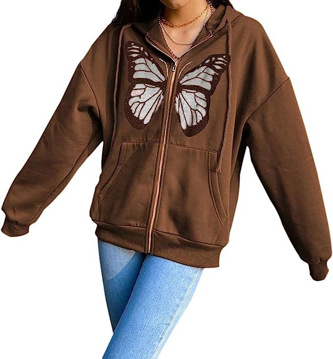 Meladyan Women’s Oversized Butterfly Graphic Full-Zip Drawstring Hoodies Sweatshirts Pullover J... | Amazon (US)