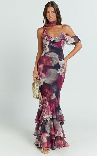 Riley Maxi Dress - Asymmetric Ruffle Detail Maxi Dress in Mariache Rose | Showpo (US, UK & Europe)