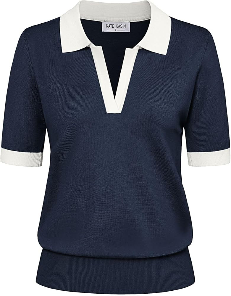 Kate Kasin Short Sleeve Sweaters for Women, V Neck Knit Tops, Business Casual Polo Shirts | Amazon (US)