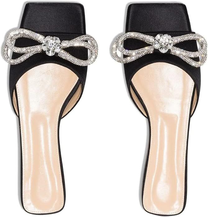 Divanne Slide Sandals for Women, Rhinestone Sandal Flats Bow Slippers Comfort Dressy Slides | Amazon (US)