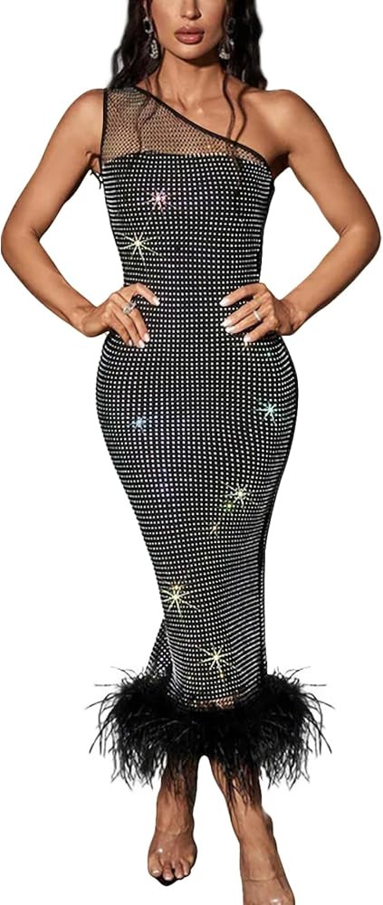 Zoctuo Women's Sexy Rhinestone Sleeveless Birthday Party Club Outfit Mesh See Through Bodycon Max... | Amazon (US)