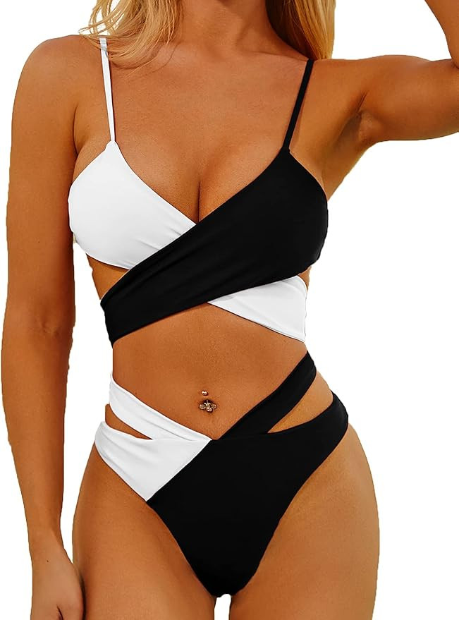 SOLY HUX Women's Criss Cross Wrap Tie Back Color Block Bikini Set 2 Piece Swimsuits | Amazon (US)
