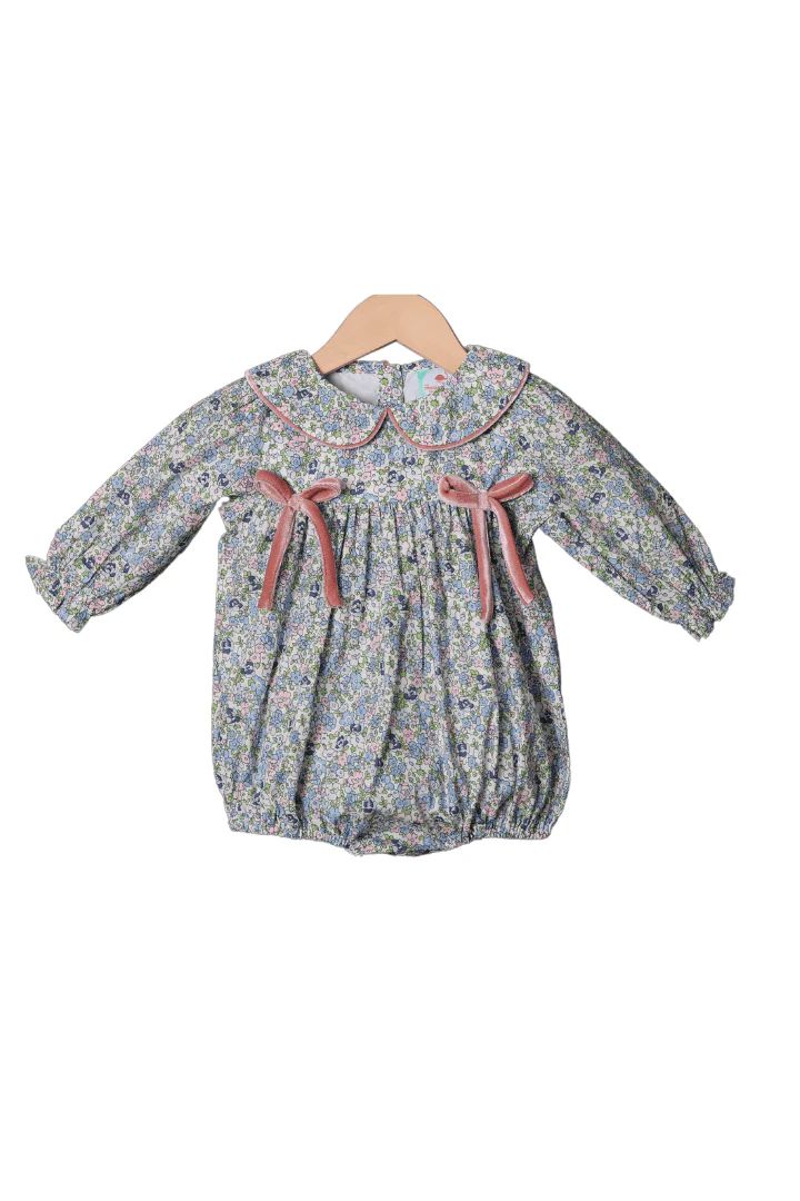 Pretty Floral Pink Velvet Bow Bubble | The Smocked Flamingo