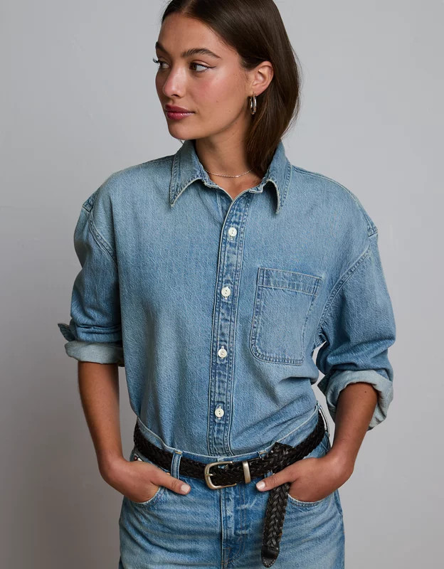 AE77 Premium Denim Boyfriend Shirt | American Eagle Outfitters (US & CA)