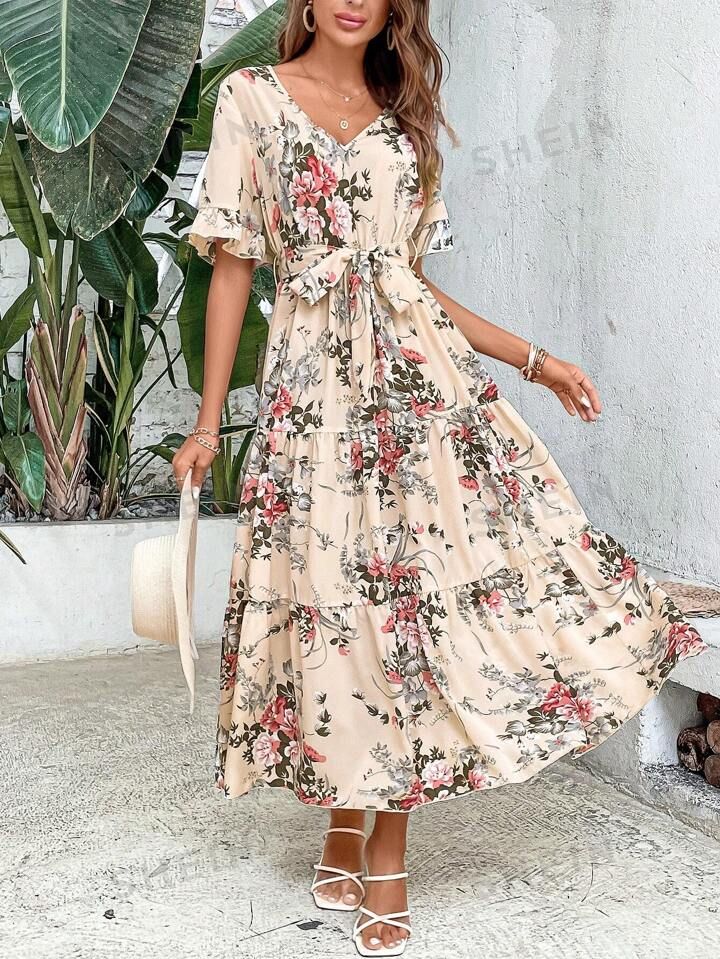 SHEIN VCAY Floral Print Flounce Sleeve Ruffle Hem Belted Dress | SHEIN