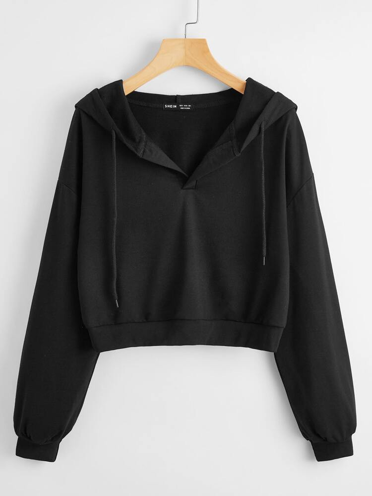 Drop Shoulder Drawstring Crop Hoodie | SHEIN