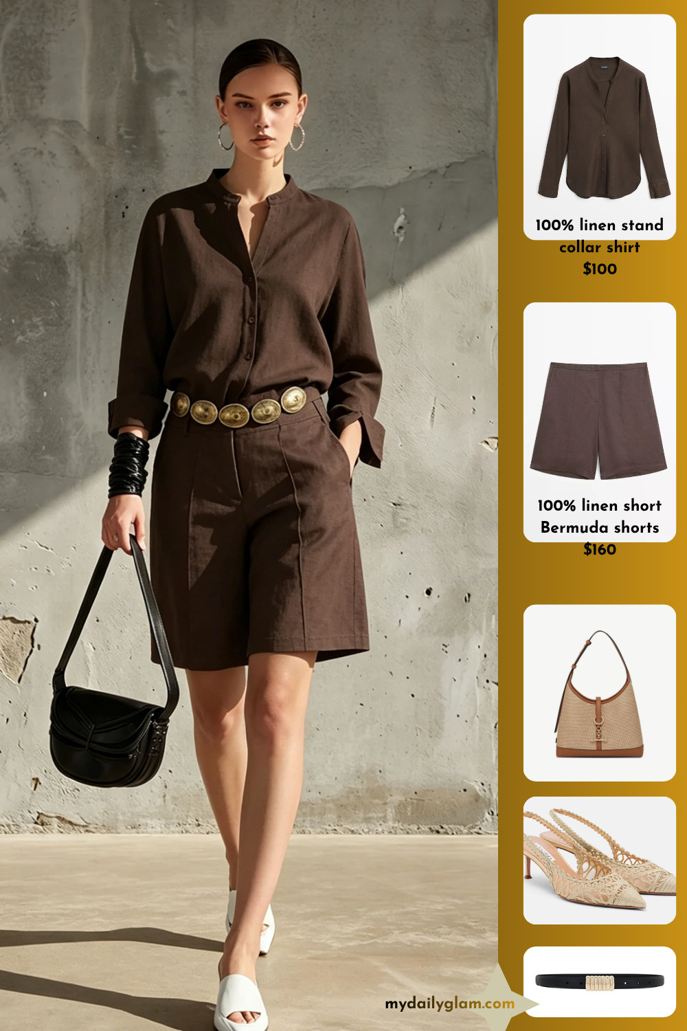Dark Brown Mandarin Collar Linen Button Shirt & Matching High Waist Linen Bermuda Shorts Quiet Luxury Earth Tone Office Co-Ord

#QuietLuxuryStyle #MonochromeLinenSet #LinenWorkwear 

 #LTKootd #LTKOver40 #LTKWorkwear
