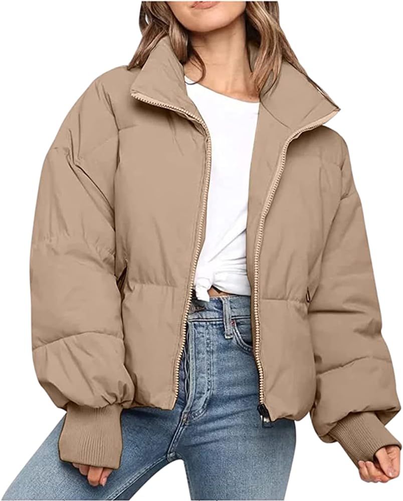 Himythe Women's Winter Long Sleeve Stand Collar Zip Puffer Jacket Baggy Short Down Padded Coats | Amazon (US)