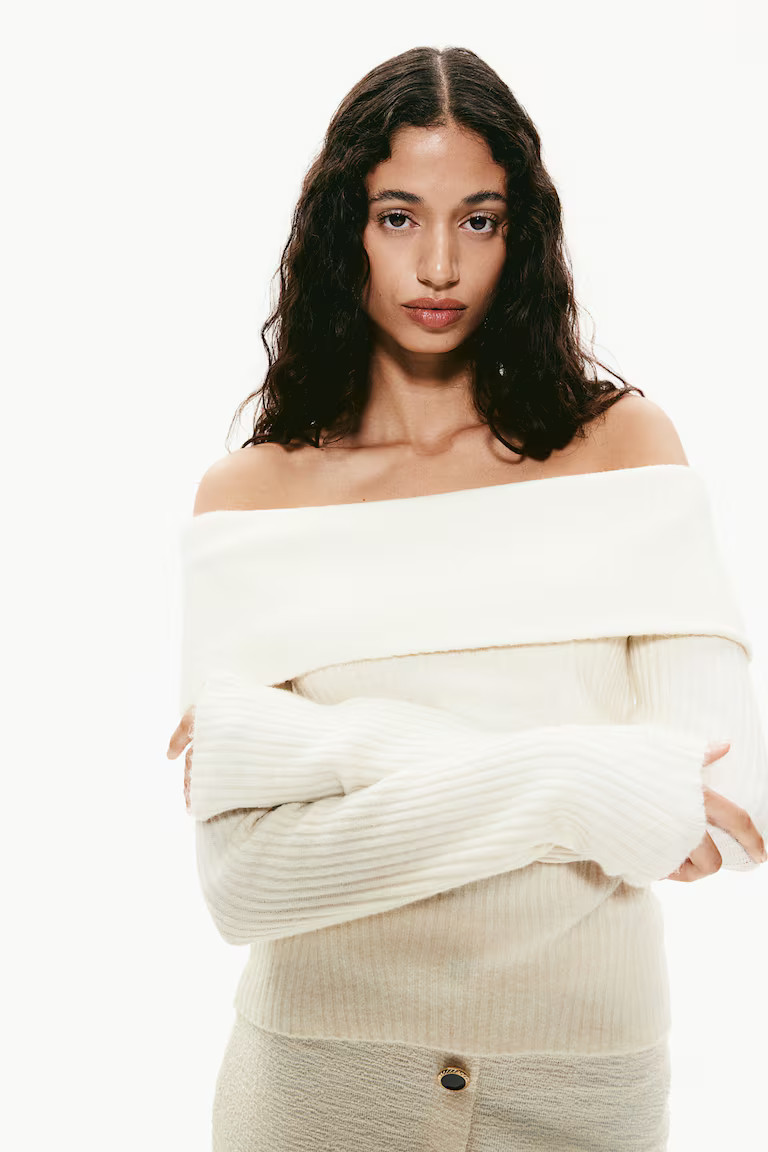 Off-the-shoulder jumper - Dusty pink marl - Ladies | H&M GB | H&M (UK, MY, IN, SG, PH, TW, HK)