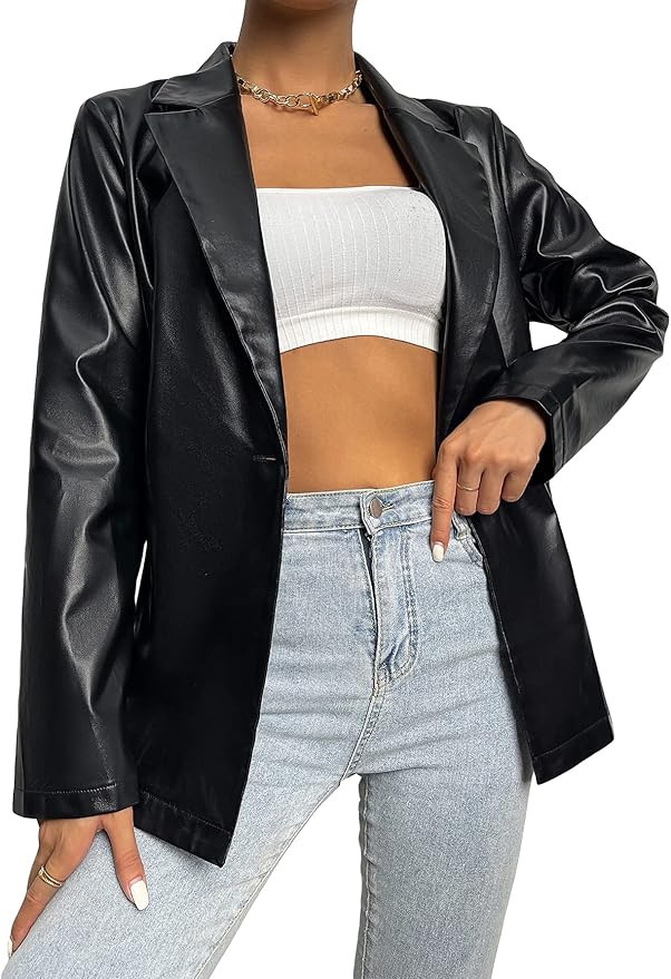 MakeMeChic Women's Faux Leather Blazer Jacket Lapel Collar Pleather Coat Outerwear | Amazon (US)