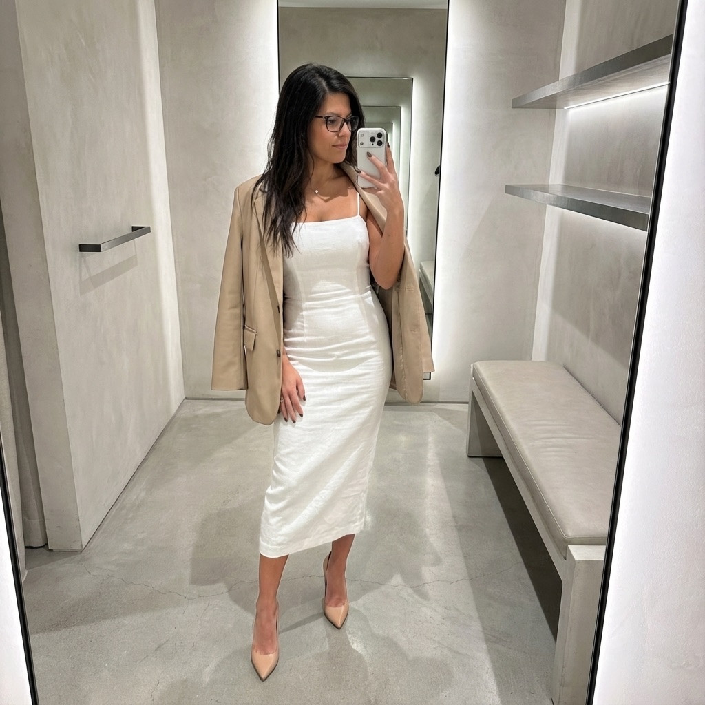 Neutral + polished 🤍✨
White midi dress + beige blazer = effortless elegance.
#neutralstyle #datenightoutfit #classychic

#LTKFindsUnder100 #LTKPetite #LTKHoliday