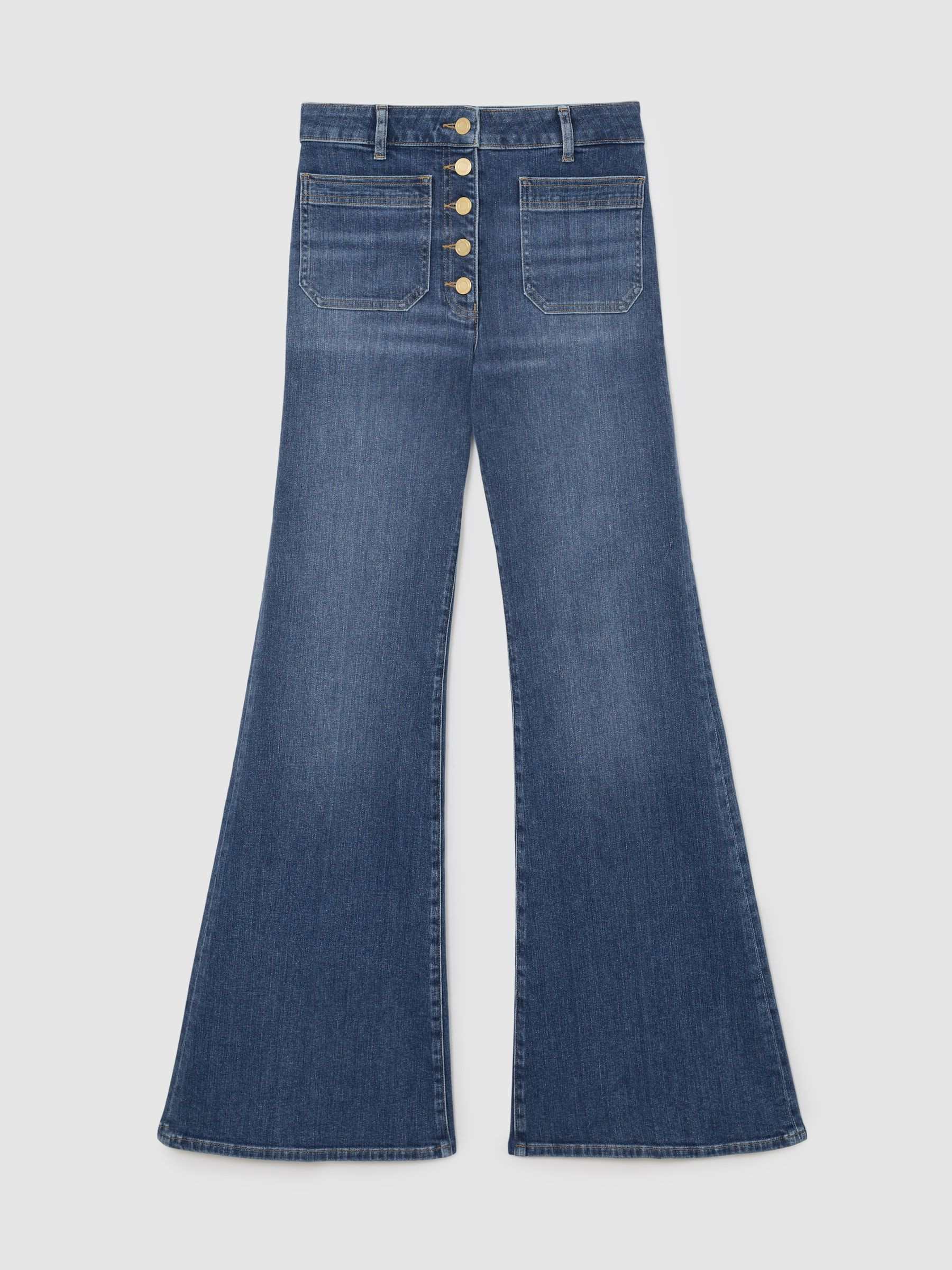 Reiss Twin-Pocket Button Flared Jeans in Mid Blue - REISS | Reiss UK