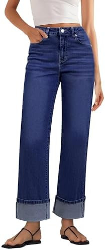 GRAPENT Wide Leg Jeans for Women Trendy High Waisted Cuffed Hem Stretchy Denim Trousers Pants Wor... | Amazon (US)