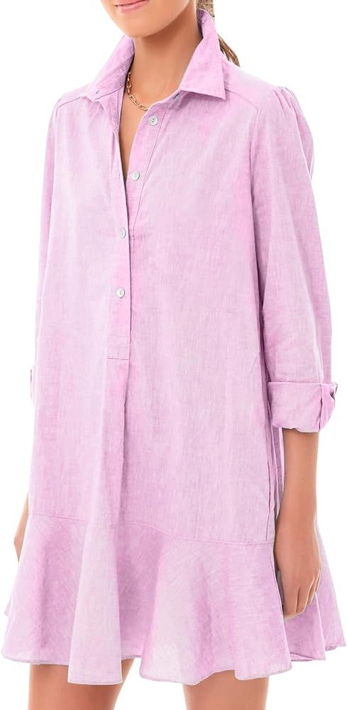 YEXPINE Women‘s Tunic Shirt Mini Dress Long Sleeve Cotton Short Dress Button Up Ruffle Hem Shif... | Amazon (US)