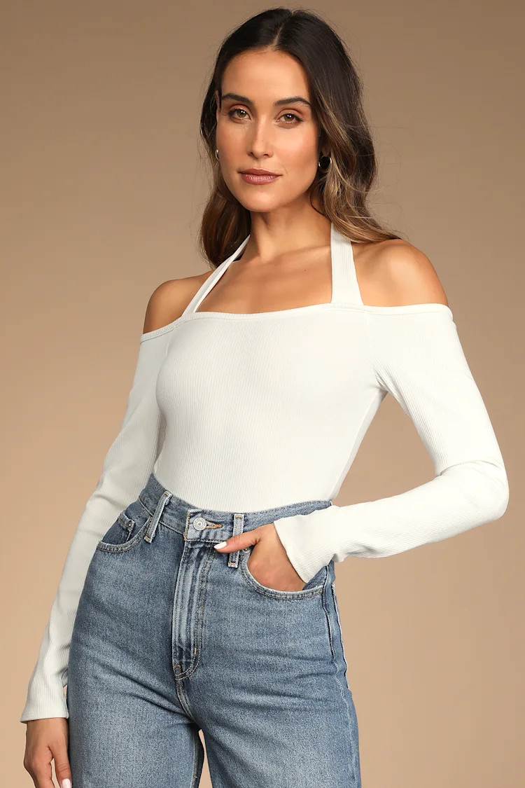 Got the Vibe White Ribbed Off-the-Shoulder Long Sleeve Bodysuit | Lulus (US)