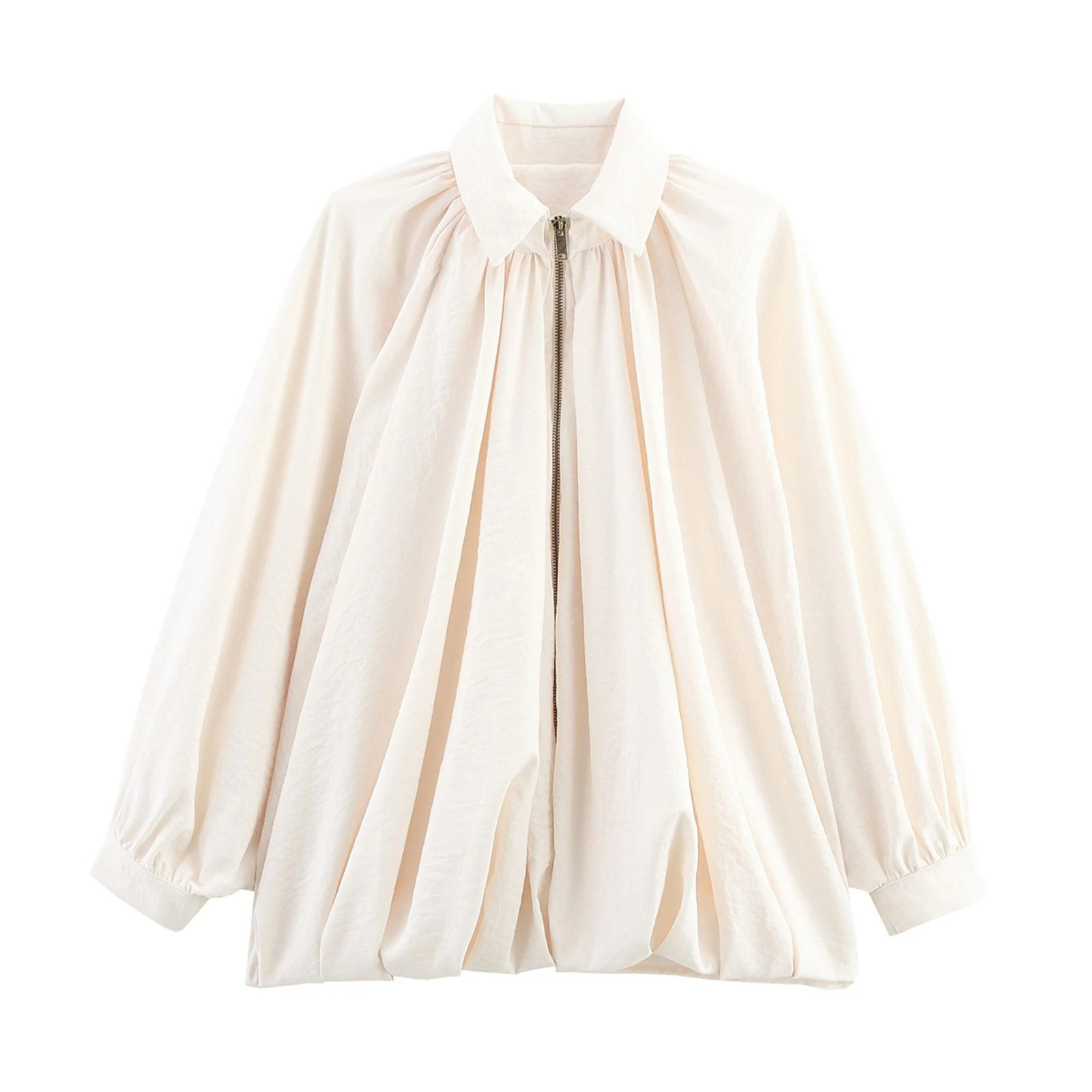 Womens Satin Puffed Bomber Jacket Oversized Batwing Sleeve Lapel Collar Pleated Zip Up Outerwear ... | Walmart (US)