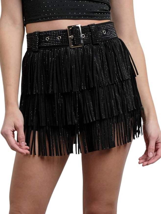 Womens Sparkle Rhinestone Fringe Shorts Pants Elastic Band Skort Western Cowgirl Mini Skirt Built... | Amazon (US)
