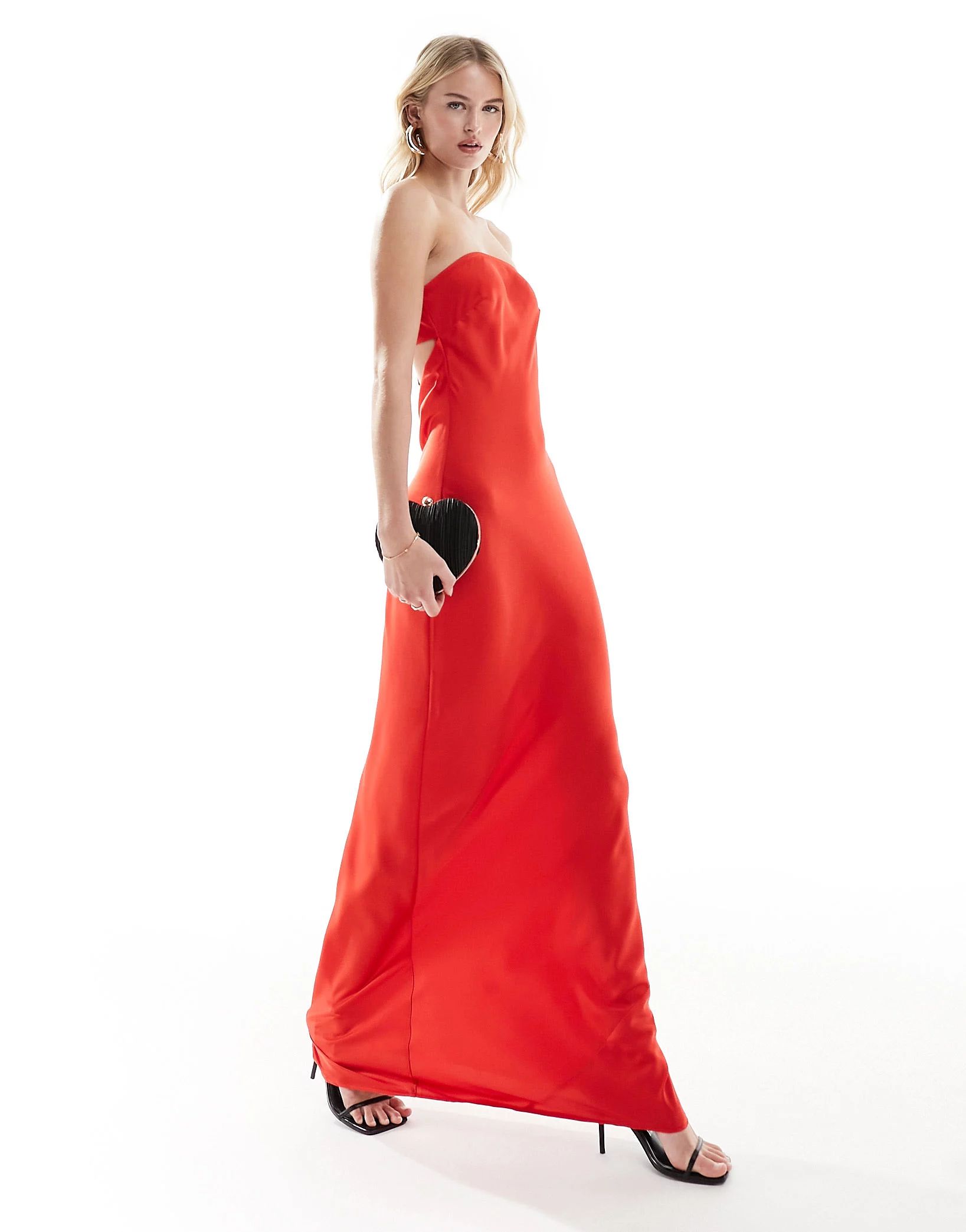 ASOS DESIGN Tall satin bandeau bias maxi dress with tie back in red | ASOS (Global)