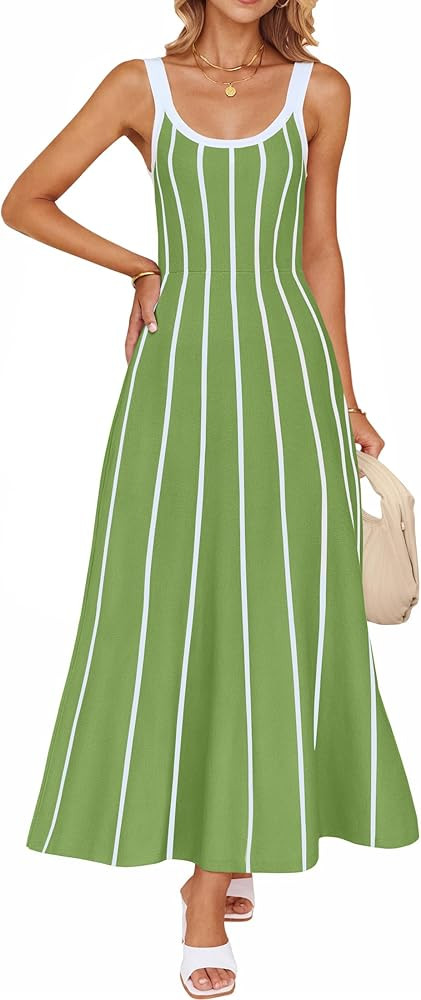 ZESICA Wome's Summer Sleeveless Striped Midi Dress 2025 Knit Casual Elegant A Line Swing Sweater ... | Amazon (US)