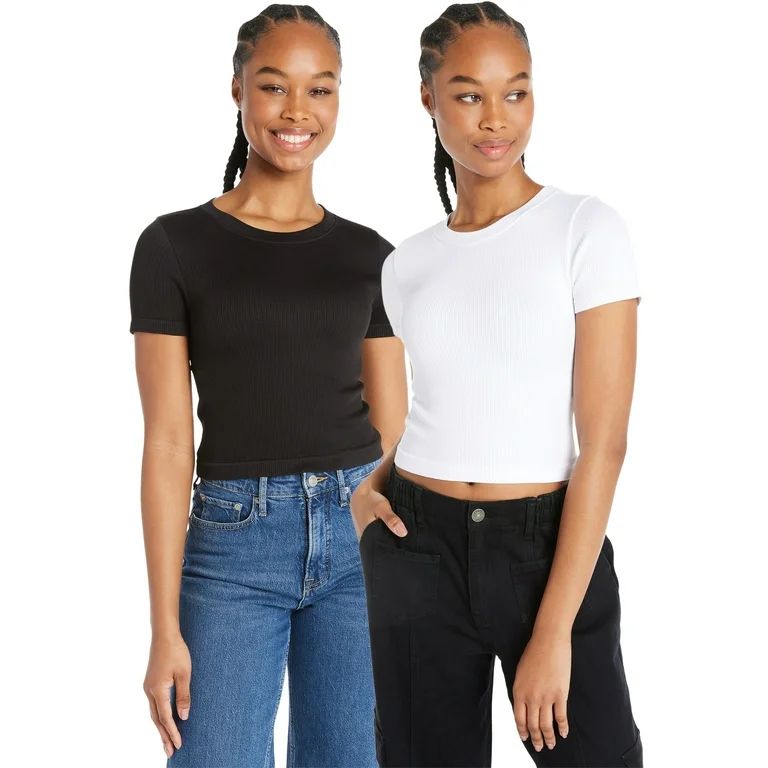 No Boundaries Seamless Crewneck Tee with Short Sleeves, 2-Pack, Women's and Women's Plus | Walmart (US)